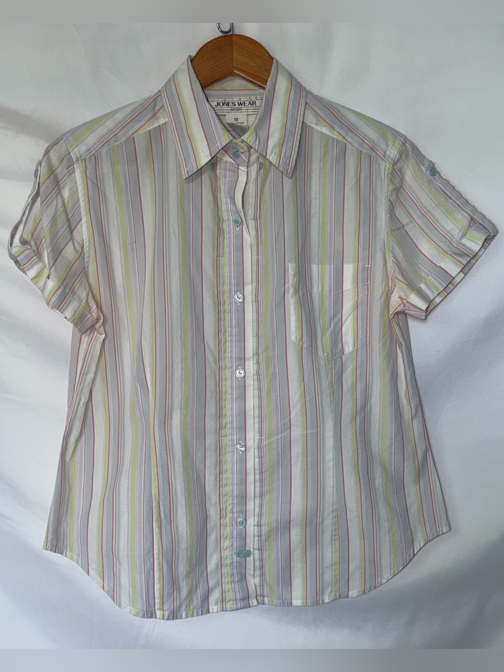 Vintage Joneswear Sport Retro Pastel Striped 100% Cotton Y2K Button Top Size 10